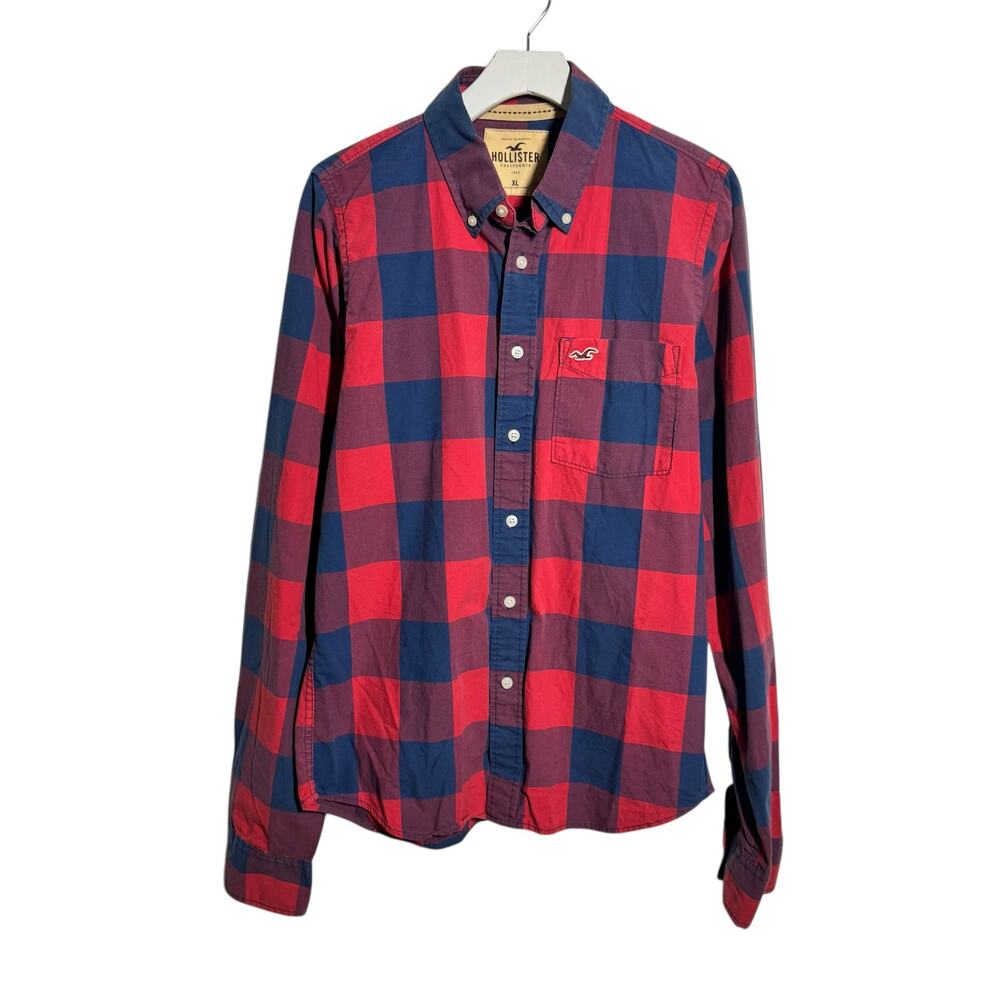 Hollister Y2K Buffalo Plaid Button Down Shirt Men XL Red Blue Cabincore Gorpcore